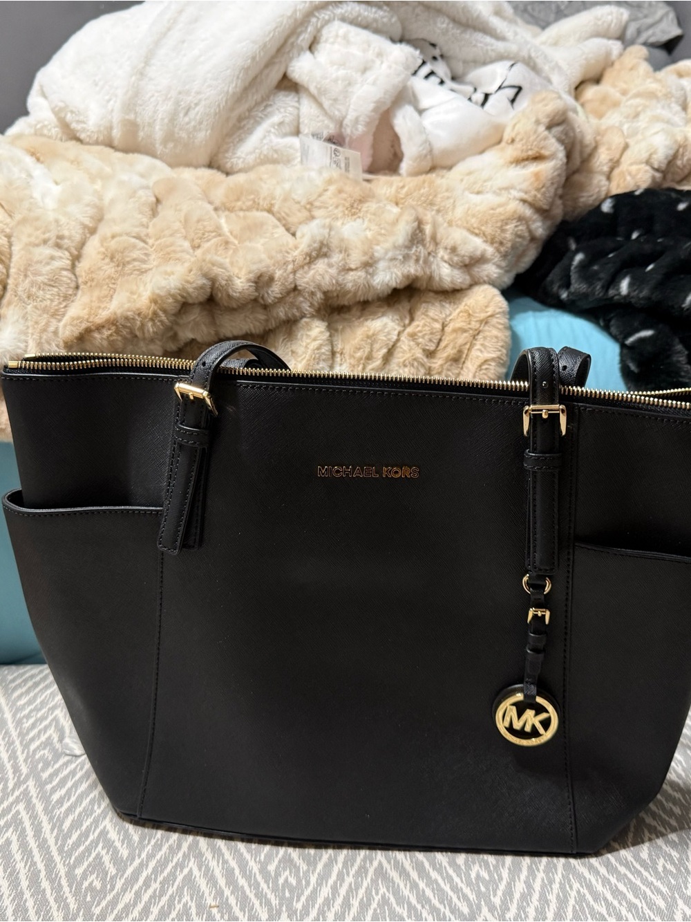 Michael Kors Black Saffiano Tote with Gold Logo Accent
